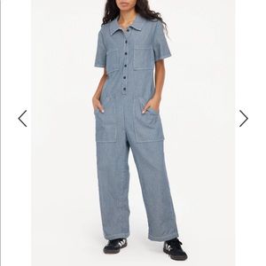 LACAUSA Lucky jumpsuit, denim with thin railroad stripe. Size small.